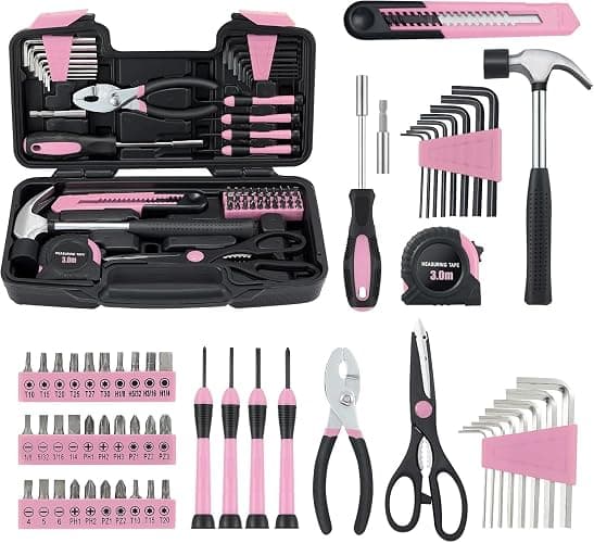 MARTCOLOR 58 Piece Household Tool Set, General Household Hand Tool Kit with Plastic Toolbox Storage Case, All Purpose Household Tool Kit for Women, Girls and Ladies, Pink - Image 1