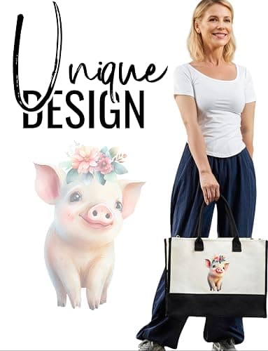 InnoBeta Pig Gifts for Women Canvas Tote Bag, Pig Gifts Tote with Top Zipper Closure and Shoulder Strap for Birthday, Mother's Day, Christmas thumbnail 2