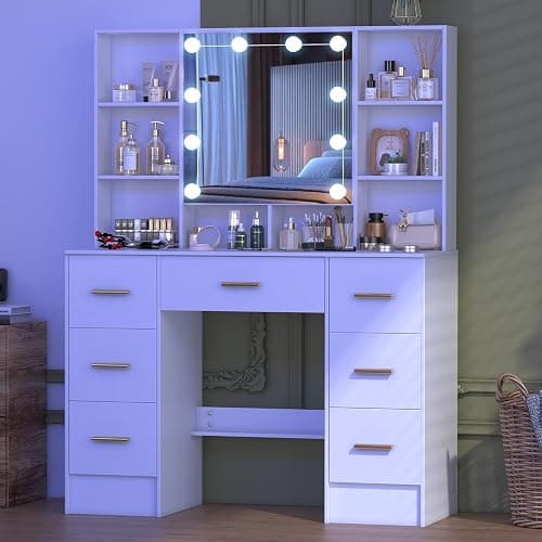 Umeiga Vanity Desk with Mirror and Lights, Large Makeup Vanity Table Set with Drawers, White Vanity with Lighted Mirror for Bedroom, Dressing Table for Teen Girls and Adult Women H3240 thumbnail 5