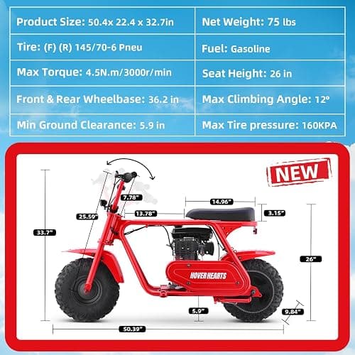 HOVER HEART Mini Bike, Gas Dirt Bike, Minibike, Gas Powered Mini Bikes for Adults, 99cc-4 Stroke Pit Bikes with Led, Dirtbike Motorcycle Max Load 200 Lbs, Speed 34.5 KM/H, Age13+ Hoverheart thumbnail 5