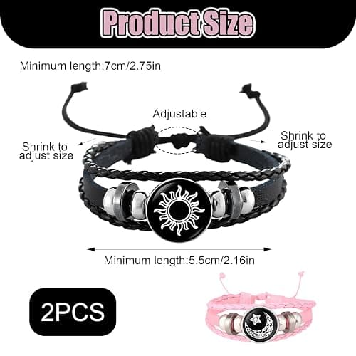Sun and Moon Bracelets for Couples, Matching Black and Pink Adjustable Set, Couples Jewelry Gift for Him and Her thumbnail 2