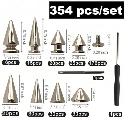354 Pieces Punk Spikes and Studs Kit - 8 Sizes Cone Spikes, Metal Tree Spikes Studs for Leathercraft, Punk Clothing DIY Accessories (Silver) thumbnail 2