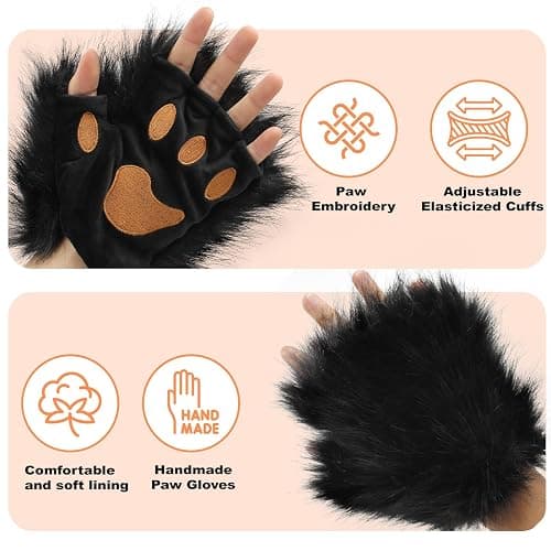 Faux Fur Cat Fox Mask Tail and Paw Set, Wolf Furry Suit Plush Therian Accessories Kit thumbnail 4