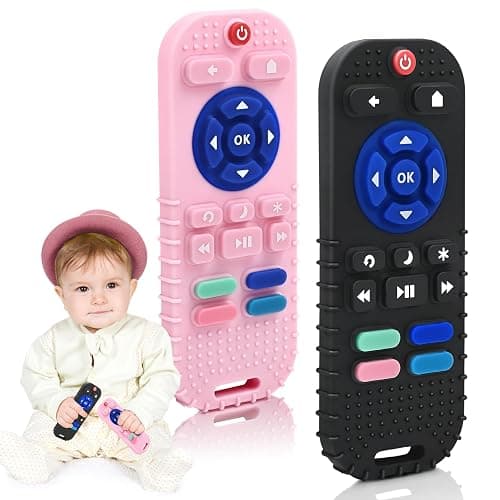 AiTuiTui 2 Pack Baby Teether for Teething Relief Baby Toys 0 3 6 12 Months, Sensory Silicone Remote Control Baby Teether Toy for Babies Newborn Infant Boy Girl Autism Toys for Baby Gifts, Black & Pink - Image 1