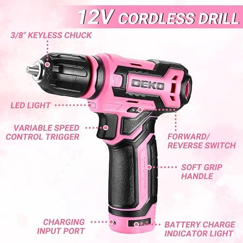 Pink Tool Kit Box Drill Set：DEKOPRO Home Mechanic Toolbox with 12V Power Cordless Drill Hand Repair Tools Sets Combo Kits Storage Organizer Drawer Case for Men & Women thumbnail 5