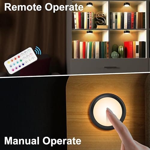 BLS LED Puck Lights with Remote Control, Wireless Under Cabinet & Closet Lighting, RGB 13 Color Changing Lights with Dimmer, Timer & AA Battery Operated, Push, Touch, Stick on for Night, Black, 6 Pack thumbnail 2