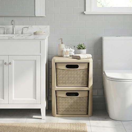 Giantex 2-Drawer Storage Organizer, Plastic Wicker Tower Baskets, Counterop & Under-desk Compact Container Boxes for Office, Bedroom, Bathroom, Living Room, Taupe thumbnail 4