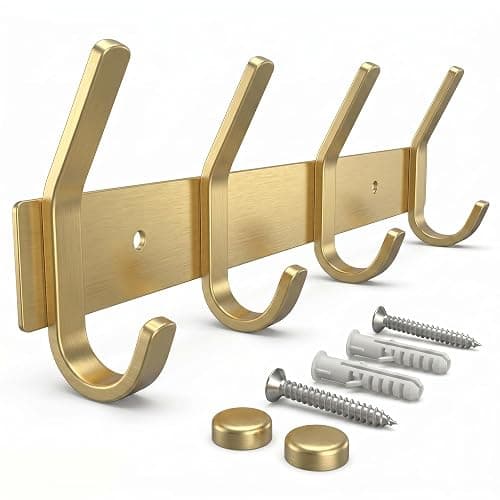 SAYONEYES Brushed Gold Wall Mounted Coat Rack – 12 Inch Stainless Steel Rail with 4 Double Coat Hooks for Entryway, Bathroom, Bedroom, Kitchen – Modern Gold Hook Rack for Coats, Hats, Towels - Image 1