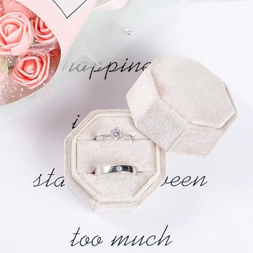 Velvet Ring Box, Etercycle Octagon Gorgeous Vintage Double Jewelry Ring Gift Box with Detachable Lid for Proposal Engagement Wedding Ceremony (Beige) thumbnail 4