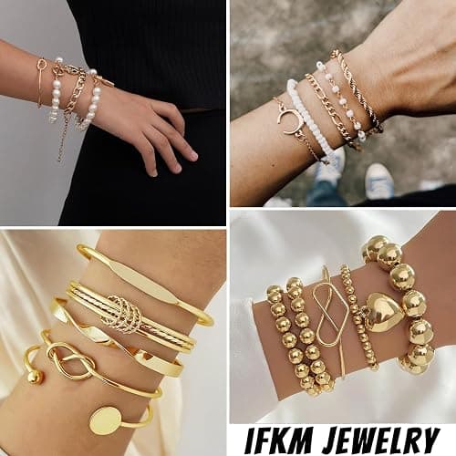 IFKM 6 PACK (24 PCS) Boho Gold Chain Bracelets Set for Women, 14K Gold Plated Multiple Layered Stackable Open Cuff Wrap Bangle Adjustable Link Italian Cuban Jewelry for Women Gift thumbnail 4