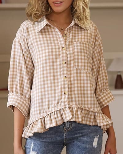 CHYRII Womens Summer Tops Dressy Casual Blouse Top Ruffled Short Sleeve Button Down Striped Shirt thumbnail 4