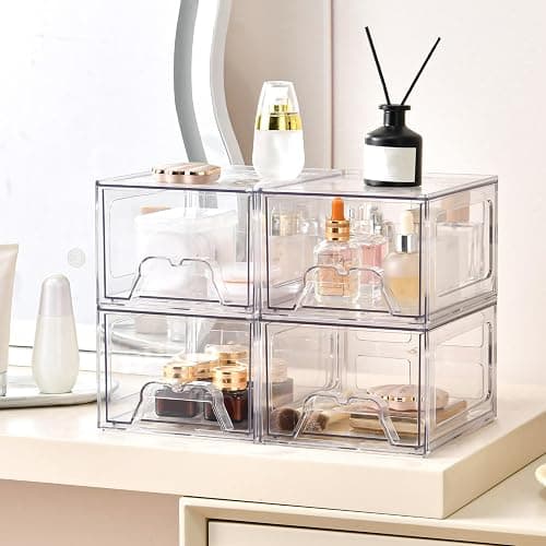Stebopum 6 Pack Stackable Makeup Organizer, 4.4'' Tall Acrylic Bathroom Makeup Organizer and Storage Drawer with Pull-out Handle, Clear Plastic Storage Bins for Vanity,Pantry,Desk,Undersink,Kitchen thumbnail 2