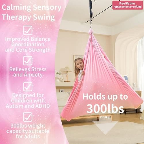 WUBOTIYU Sensory Swing for Kids Indoor & Outdoor Double Layer Therapy Cuddle Hammock Chair with 360° Swivel Hanger Kit Adjustable Child and Adult Aspergers Autism ADHD (Pink) (WUBOTIYU010) thumbnail 3