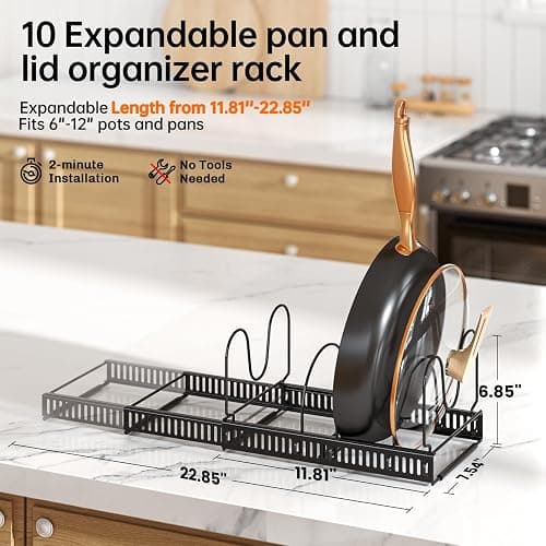 MUDEELA Pots and Pans Organizer Rack for under Cabinet, Expandable 11.81''-22.85'' Pot Lid Kitchen Cabinet Organizer Holder with 10 Adjustable Compartment Cutting Board Organizer for Pan Lid, Bakeware thumbnail 3