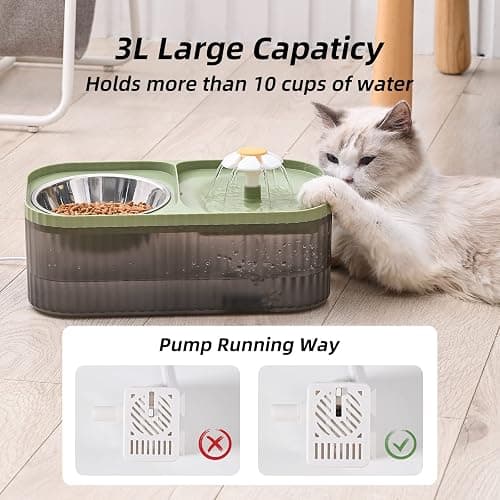 JEERAMIA Cat Water Fountain and Food Bowl, 3L/101oz Ultra Quiet Pet Water Dispenser with Smart Pump and 3 Replacement Filters, Automatic Flower Fountain & Stainless Steel Bowl (Black & Green) thumbnail 2