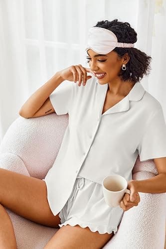 Ekouaer Pajamas Set for Women Short Sleeve Sleepwear Button Down Pjs Lounge Sets Soft Nightwear thumbnail 2