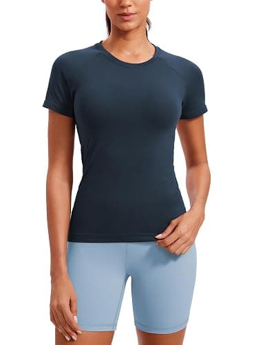 CRZ YOGA Seamless Workout Tops for Women Hip Length - Athletic Running Gym Yoga Short Sleeve Shirts Breathable Crewneck Tees - Image 1