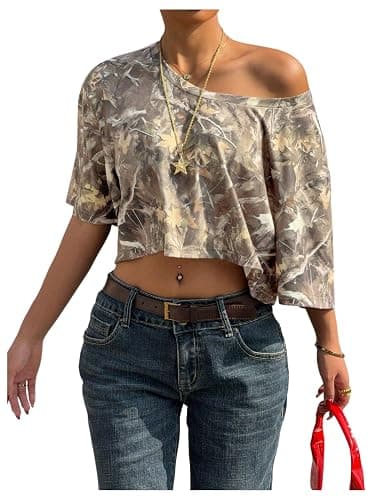 SOLY HUX Women's Y2k Camo T Shirt Off The Shoulder Half Sleeve Y2k Crop Tops Streetwear Summer T Shirt - Image 1