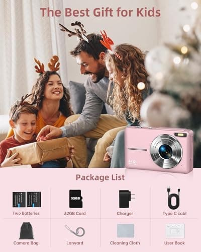 CAMKORY Digital Camera, Full HD 1080P Point and Shoot Camera, 44MP Kids Camera with 32GB Card, 16X Zoom, Pink thumbnail 6