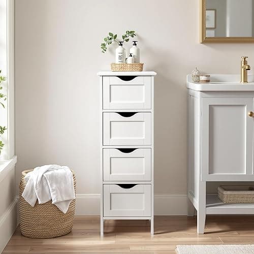 Bonnlo Bathroom Storage Cabinet Skinny Wooden Side Bathroom with 4 Drawers Small Free Standing Floor Cabinet White Slim 12 Inch Wide Organizer for Bedroom Living Room, 12 Inch Deep Narrow Organizer thumbnail 4