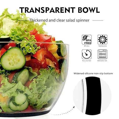Ourokhome Salad Spinner Lettuce Dryer, One-handed Easy Press Large Vegetable Dryer Salad Mixer with Comfortable and Retractable Pusher and Brake Button for Greens, Herb, Berry, Fruits, 6.3 QT, Black thumbnail 5