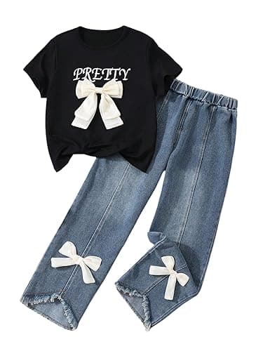 Verdusa Cute Outfits for Girls 10-12 Bows Summer Clothes Graphic Tees with Straight Leg Jeans Set - 11 Years - Black
