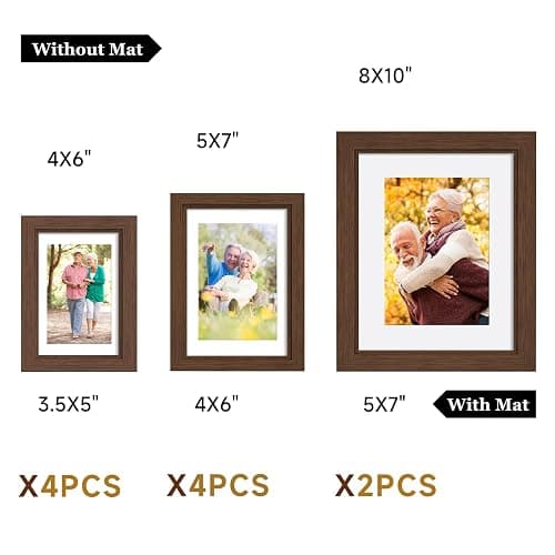Povrgive Picture Frames Set of 10-8x10, 5x7, 4x6 Photo Frames, Gallery Frame Set for Collage Wall Decor, Wood Frame with Glass Front and Mat Options for Wall and Tabletop Display, Brown thumbnail 3