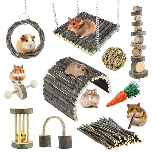 Hamster Toys Rat Toys Chinchilla Toys Hamster Chew Toys Cage Accessories Apple Wood Sticks Ladder Bell Roller for Gerbil Guinea Pigs and Other Small Animal - Image 1
