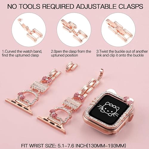 Bling Bracelet Band with Protector Case Compatible with Apple Watch Bands for Women iWatch Series 11 10 46mm 42mm,Series 9 8 7 41mm 45mm,Series 6 5 4 SE 40mm 44mm,Cute Cartoon Jewelry Metal Strap thumbnail 4