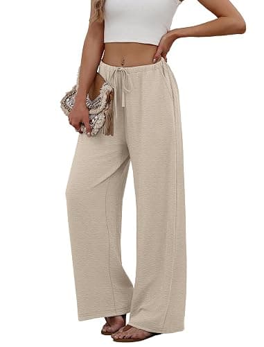 Sampeel Wide Leg Pants for Women Flowy Palazzo Drawstring Elastic Waist Trousers with Pockets Summer Beach Vacation Clothes thumbnail 4