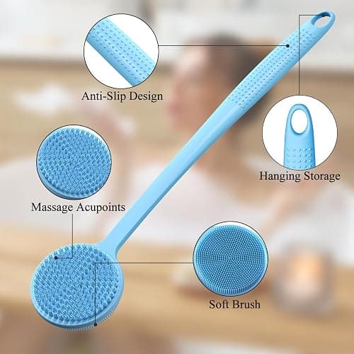 Silicone Back Scrubber for Shower, 17in Lengthen Long Handle Body Brush, Double Sided Shower Brush for Shower Exfoliating and Massage Can Produce Rich Foam, Long Handle Back Scrubber for Men thumbnail 2