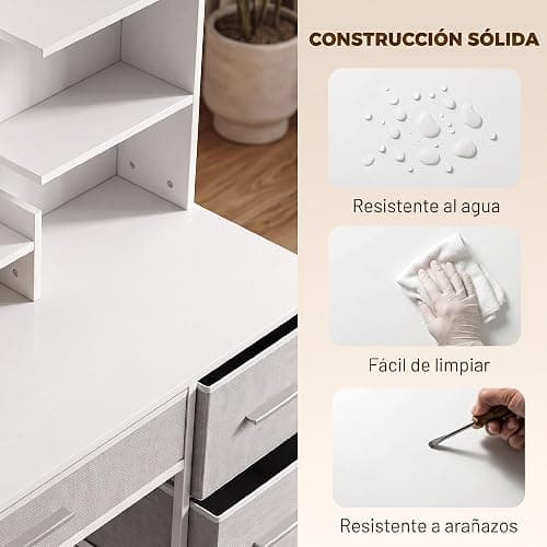 HOMCOM Tocador de Maquillaje con Espejo LED con Estación de Carga Blanco | Tocador, 3 Colores de Luz, 4 Cajones, 5 Estantes Abiertos, Soporte para Secador, Estructura Metálica, para Dormitorio thumbnail 8
