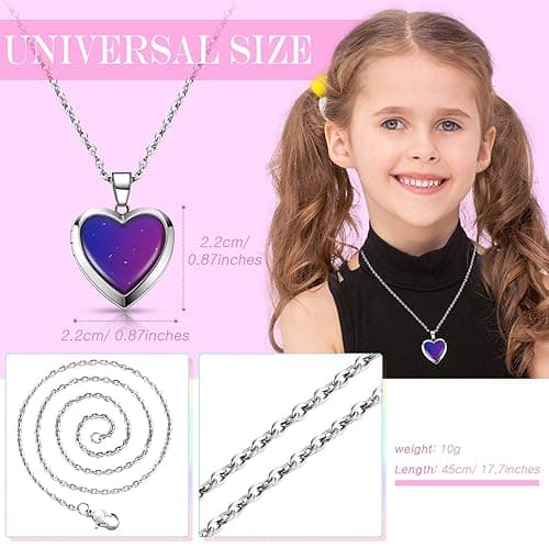 Hicarer Heart Mood Locket Necklace for Girls Kids Locket Color Changing Necklace Stainless Steel Temperature Sensing Mood Heart Shape Photo Pendant Birthday Valentines Gift - 4 thumbnail 4