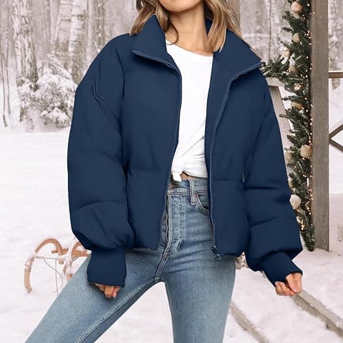 Women’s Winter Cropped Puffer Jacket Coat Casual Quilted Baggy Long Sleeve Zip Down Jackets Outerwear thumbnail 8