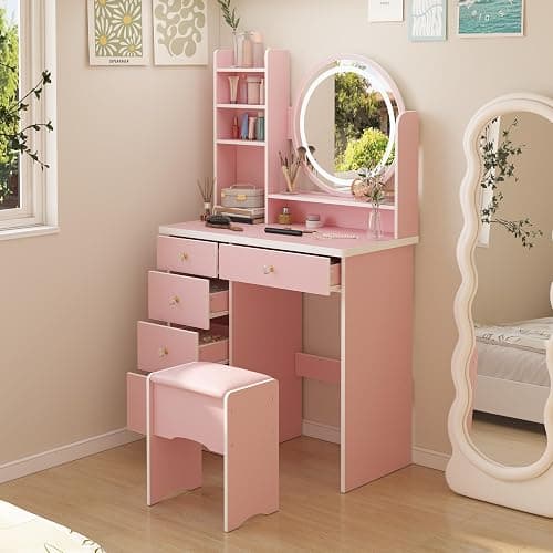 AIEGLE Lighted Makeup Vanity Set - 3 Color LED Mirror, Drawers & Cushioned Stool, Pink Round Mirror - Pink - Round Mirror thumbnail 2