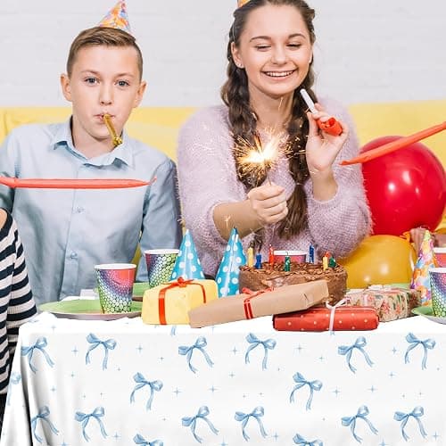 HAKOTI 2Pcs Blue Bow Tablecloth,Coquette Birthday Decorations Bow Theme Plastic Table Cover Blue Bow Rectangle Tablecloth for Girls Women Bachelorette Baby Shower Party Decor thumbnail 5