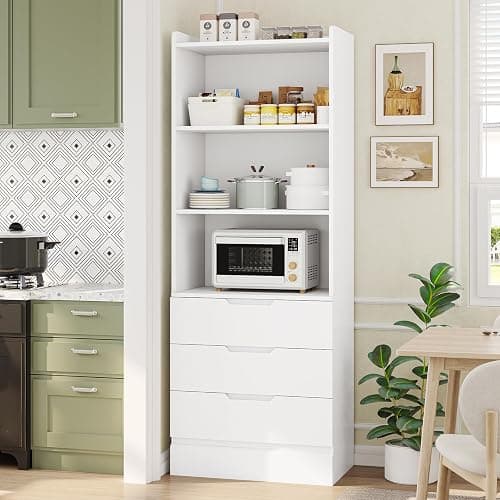 DICTAC 73.23'' Tall Storage Cabinet Bookcase with 3 Drawers and 3-Tier Open Shelves Wooden Bookshelf Kitchen Pantry Storage Organizer Cabinets for Living Room, Study, Kitchen,Bathroom,White thumbnail 2