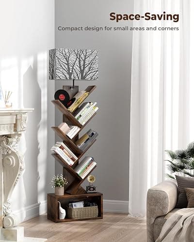 Evermagin Tree Bookshelf with Light, 6 Tier Small Bookcase, Narrow Floor Standing Book Tower Organizer with Storage Cabinet for Living Room, Bedroom and Home Office, Rustic Brown thumbnail 7