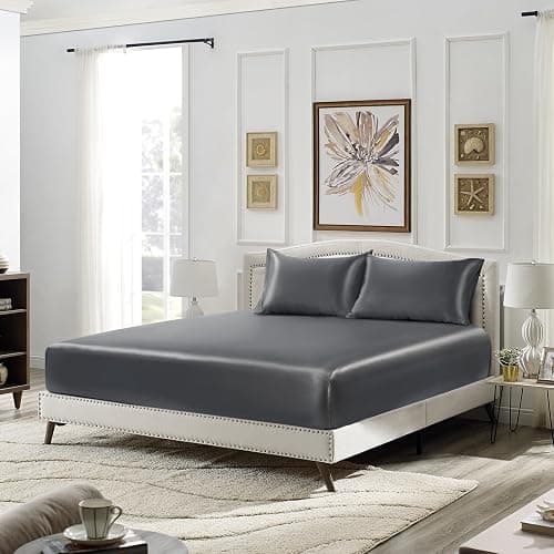SiinvdaBZX 3-Piece Set Satin Full Fitted Sheet & 2 Pillowcase, Grey | Silky Soft Fitted Bottom Sheet, Deep Pocket Sheet Design Fits 15 Inch Mattress, Wrinkle Free, Fade Resistant thumbnail 4