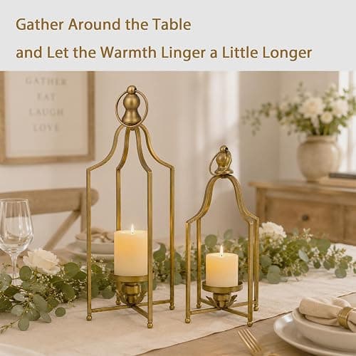 12.5" & 16.5" Timeless Cozy Decorative Lanterns Set of 2, Handcrafted Metal Iron Candle Holders, Farmhouse Elegance Fireplace Mantel Table Festive Gatherings Decor (Antique Gold) thumbnail 5