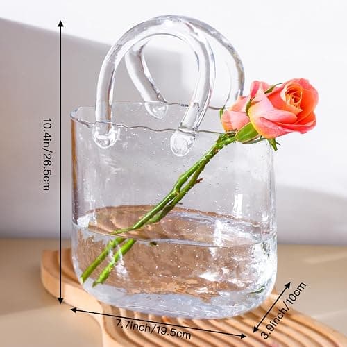 Fixwal Glass Purse Vase for Flowers, Clear Bag Vases with Handle, Unique Cute Handbag Shape Decorative Flower Vases with Fish Bowl for Centerpieces Home Table Shelf Decor Birthday thumbnail 2