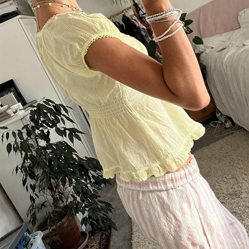 Women Y2k Cap Sleeve Shirt Lace Trim Fairy Plaid Tees Cute Ruffled Babydoll Crop Top Vintage Aesthetic Clothes thumbnail 5