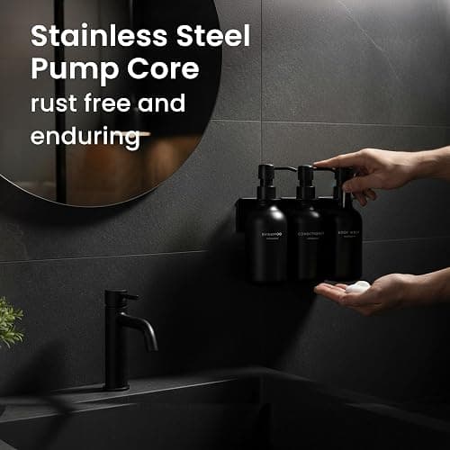 MaisoNovo Shampoo and Conditioner Dispenser - Shower Soap Dispenser Wall Mounted - 16.9 fl oz Set of 3 Black Plastic Bottles Black Pump - Shampoo Dispenser, Shower Dispenser thumbnail 7