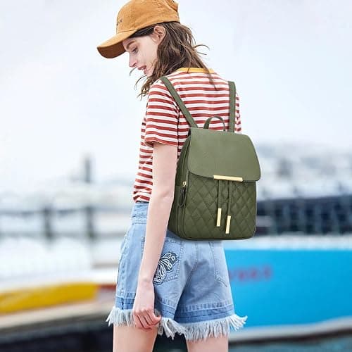 KKXIU Quilted Trendy Leather Backpack Purse for Women and Ladies Shoulder Travel Daypacks Bags (Olive) thumbnail 2