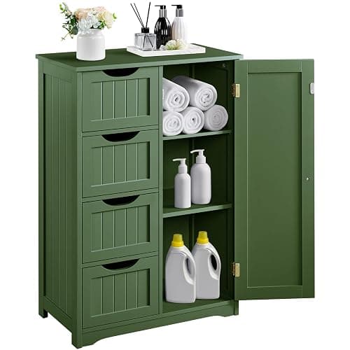 Yaheetech Wooden Bathroom Floor Cabinet, Side Storage Organizer Cabinet with 4 Drawers and 1 Cupboard, Freestanding Entryway Storage Unit Console Table, Bathroom Furniture Home Decor, Green - Image 1