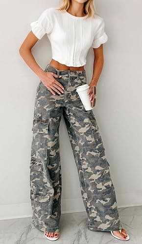 loveimgs Women Casual Camo Print Denim Pants Y2k Wide Leg Cargo Jeans Flare Distressed Camouflage Jeans Sweatpants Pockets thumbnail 2