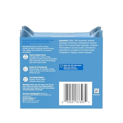 Neutrogena Makeup Remover Wipes Micellar Alcohol-Free Face Towelettes Remove Waterproof Mascara & Oil, Compostable 100% Plant-Based Cloth, Dermatologist & Ophthalmologist Tested, Twin Pack 2 x 25 ct thumbnail 7