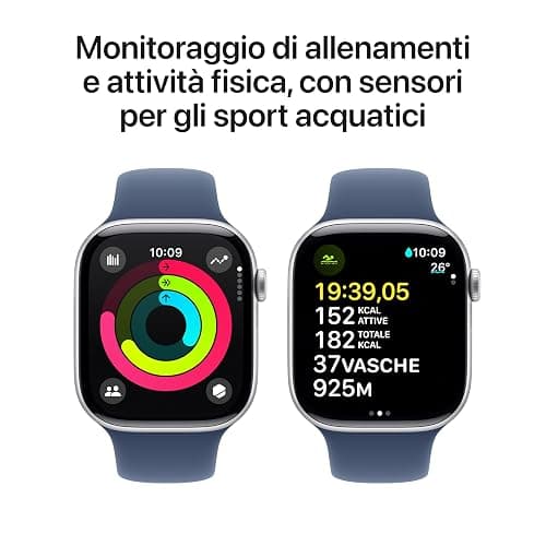 Apple Watch Series 10 GPS 46 mm Smartwatch con cassa in alluminio e cinturino Sport Loop Denim - M/L. Fitness tracker, app ECG, display Retina always-on, Carbon Neutral thumbnail 4