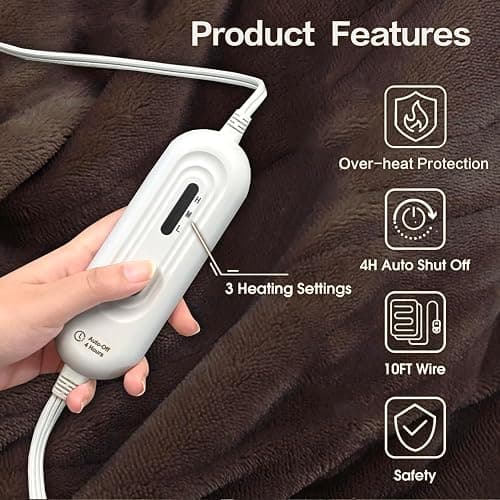 Tefici Electric Heated Blanket Throw, Super Cozy Soft 2-Layer Flannel 50" x 60" Heated Throw with 3 Heating Levels & 4 Hours Auto Off, Machine Washable, ETL&FCC Certified, Home Office Use,Brown thumbnail 4