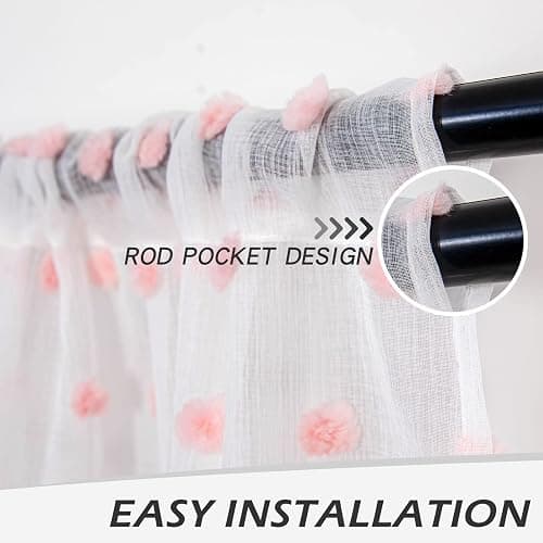 MYSKY HOME Pom Pom Sheer Curtains for Girls Bedroom Pink Curtains for Nursery 84 Inch Long Living Room Curtains 2 Panels Light Filtering Rod Pocket Semi Window Drapes 52 x 84 inch - 52"W x 84"L (Pack of 2) - Pink Pom Pom thumbnail 2